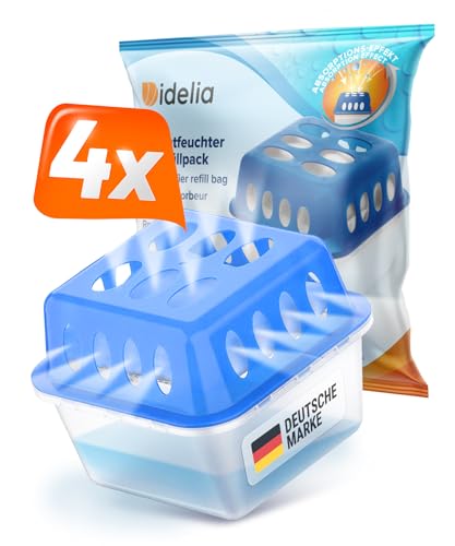 Idelia® 4x Luftentfeuchter + 9 Nachfüllpacks - Raumentfeuchter Luftentfeuchter für Küche, Bad & Wohnzimmer bis 40m² + 9x 400g Luftentfeuchter Granulat (4x Luftentfeuchter + 9x Nachfüllpacks)